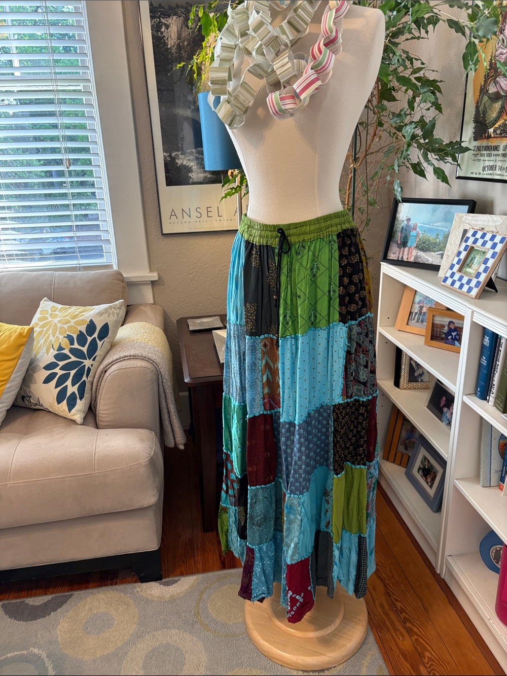 Boho Patchwork Maxi Skirt - Green & Blue Festival Madras Ethnic Afghan Imports S